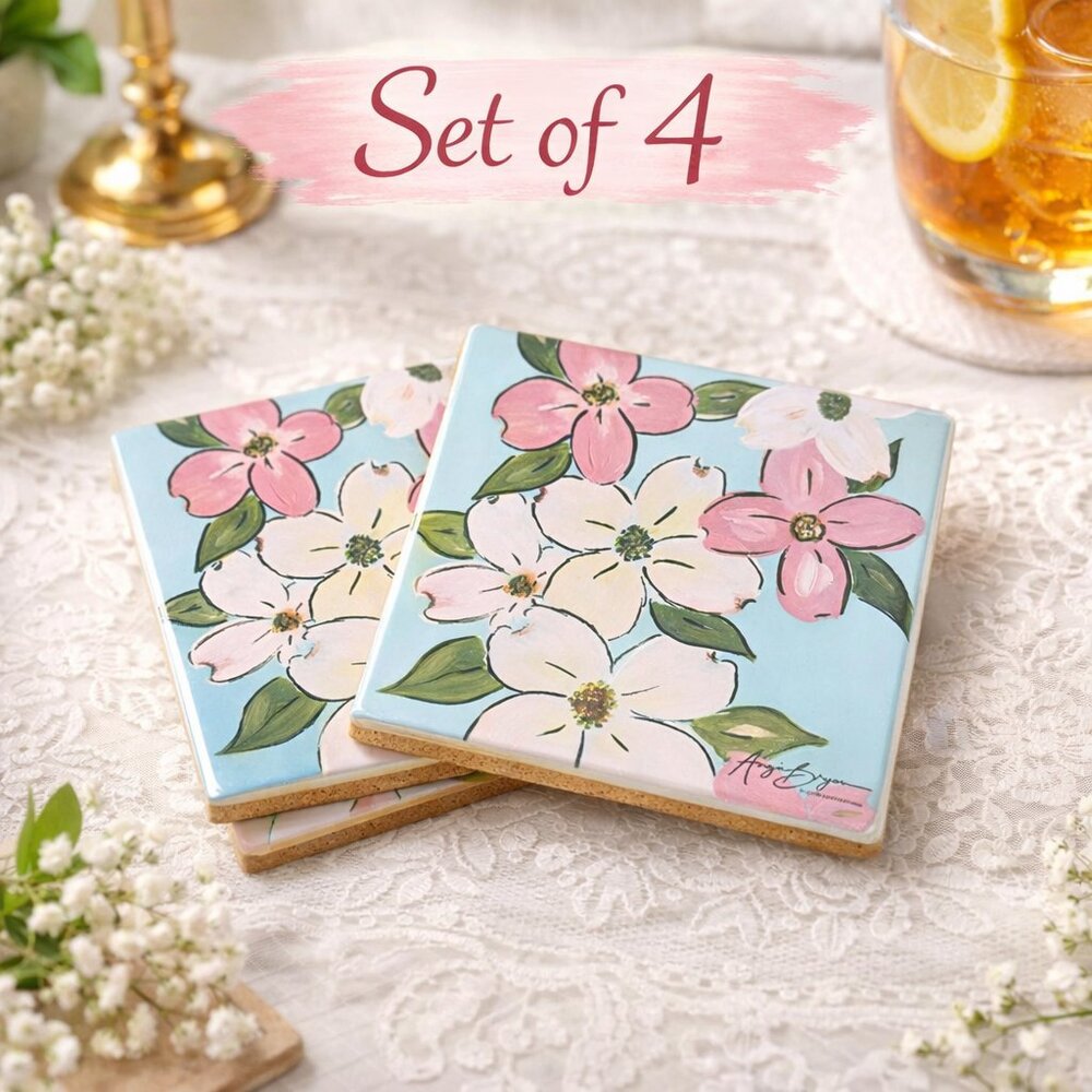 Pink Dogwood Flower Sandstone Coaster Set of 4 - Cottage Floral Absorbent